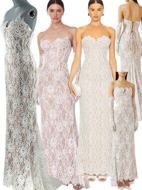 🆕 BRONX & BANCO 🧿 NWOT Kiera White Lace Bridal Gown with Gloves - Sz M US 6